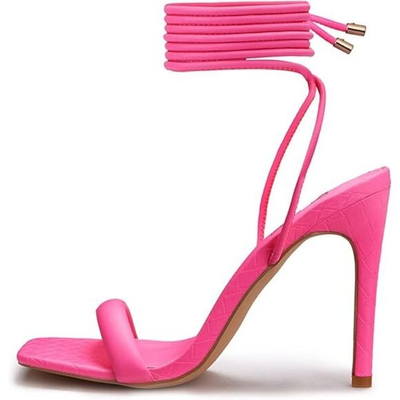 Strappy Lace up Stilletos High Heel Sandals Women Tie up Heels Neon Pink Sz 9.5 - Picture 6 of 6